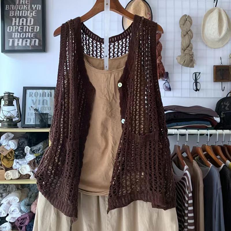 Retro Artistic Hollow-Out Knit Vest – Women's Loose Cotton-Linen Cardigan