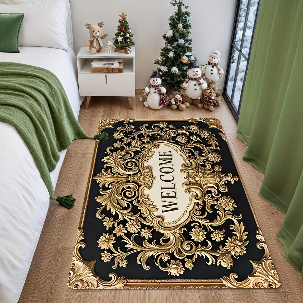 Black Gold Baroque Welcome Print Carpet Plush Flannel Rug Living Room Bedroom Home Decor Area Rug Non Slip Floor Mat