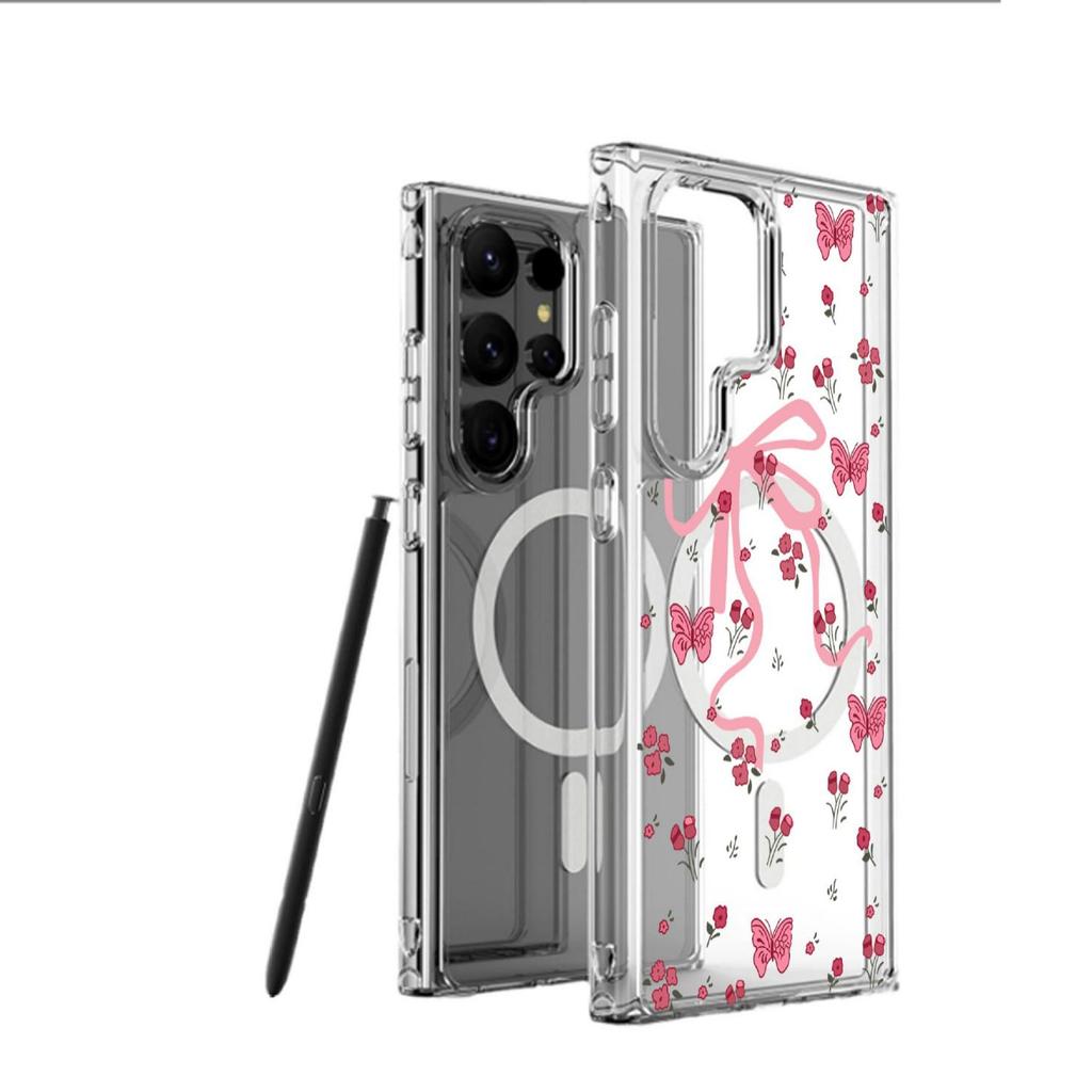 Bowknot Floral Magnetic Case for iPhone 15/16/17 Pro Max - Transparent Full Coverage