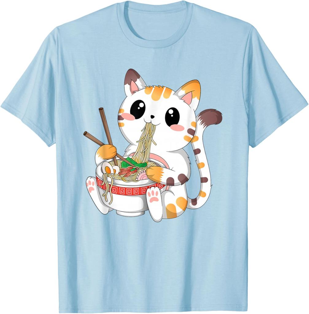 Cute Ramen Eating Kawaii Cat Graphic Tee Anime Neko Lovers Casual Cotton T-Shirt