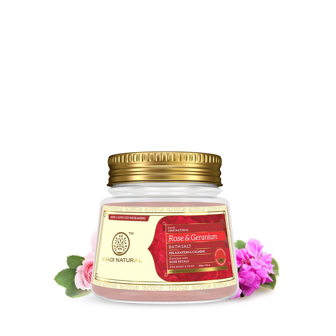 

Khadi Natural Ayurvedic Rose Geranium Bath Salt 200 g Relaxing Soak For All Skin Types With Rose Petals