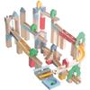Wooden Ball Track - ROBA - 20 Glass Marbles - 60 Building Blocks - Natural / Sky / Yellow / Coral