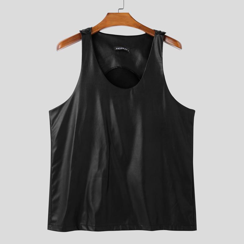 

INCERUN Мужские майки без рукавов с низким вырезом горловины из искусственной кожи, повседневные, свободного кроя 3XL чёрный