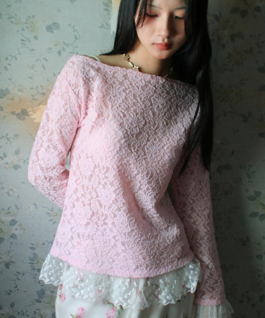 RUBATI Sofia Boat Neck Frill Lace Long Sleeve T-Shirt_Pink