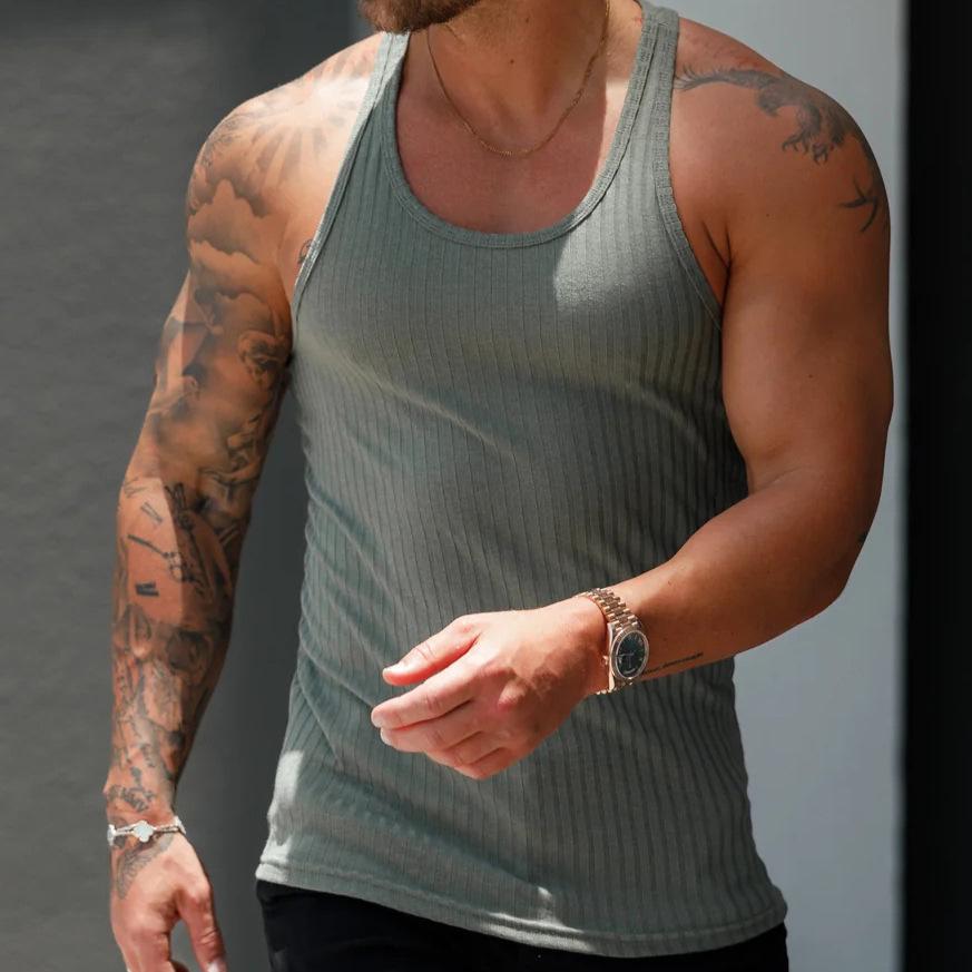 Herr sommar randig träningstanktopp: Ärmlös, Figursmickrande, Bredaxlad Väst