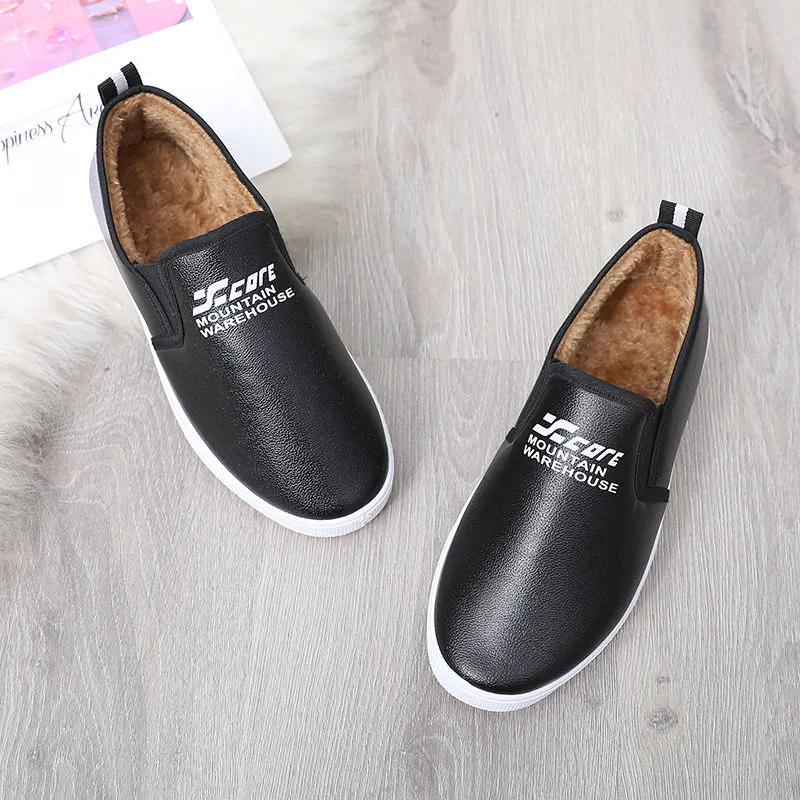 WTEMPO Women Faux Leather Casual Solid Color Soft Shoes Autumn Winter Large Size Warm Plush Slip-on Shoes