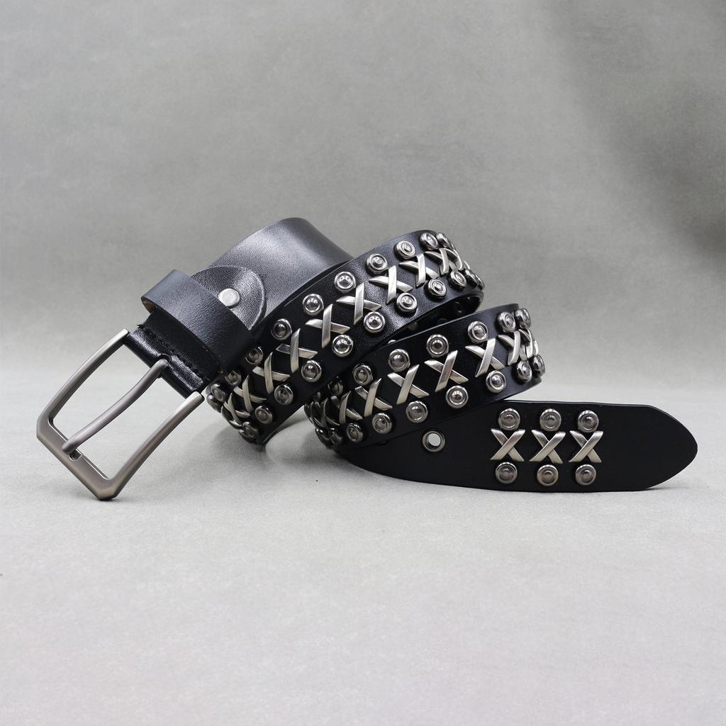 Cowhide Personality Trend Punk Men's Belt Round Rivet Neutral Pin Buckle Street Heavy Industry Belt