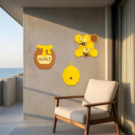Yousheng 3 Pcs Rustic Wooden Bee Wall Art, Vintage Yellow Beehive Honeycomb Jar Wall Hanging Decor for Farmhouse, Wall, Patio, Fence, Indoor, Outdoor
