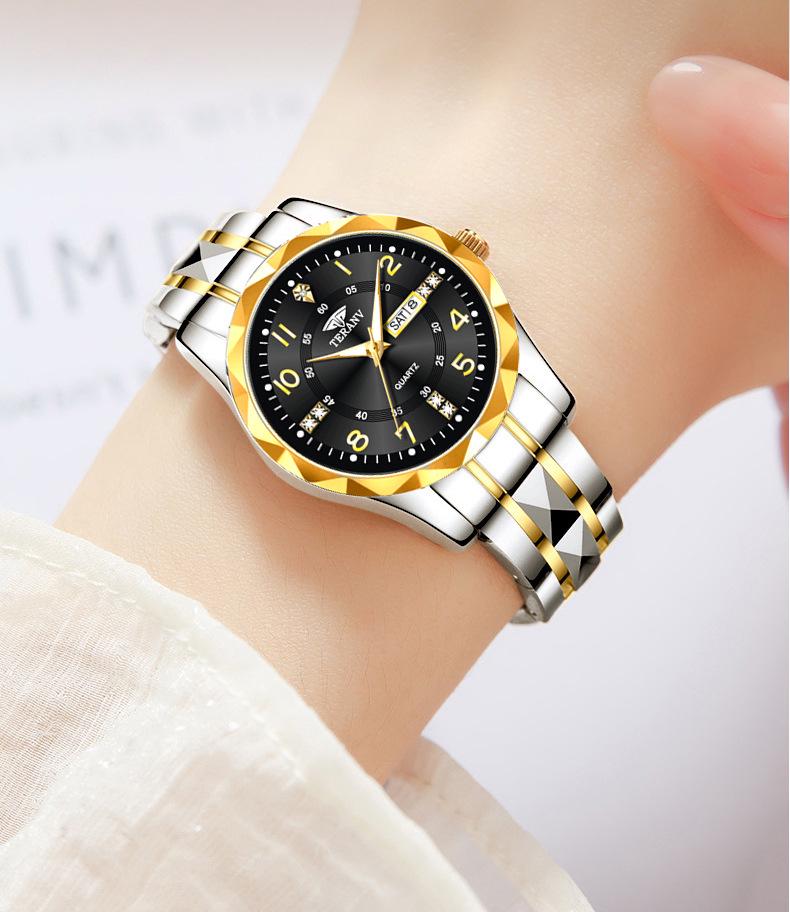 Rhombus Ladies Dual Calendar Waterproof Luminous Wristwatch with Solid Strap - Fashionable Gift for Women