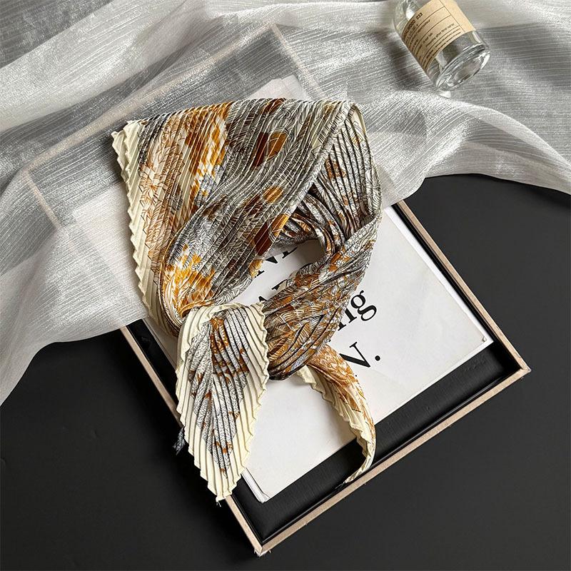 Wrinkled square scarf women's new imitation silk printing silk scarf high-end headscarf headband pleated small scarf shawl
