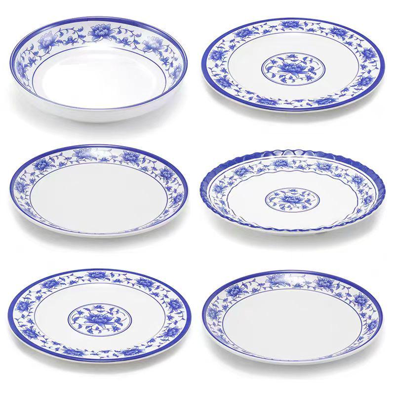 Blue & White Melamine Porcelain-Look Round Plate: Thickened, Durable for Stir-Fry, Rice, and Restaurant Use
