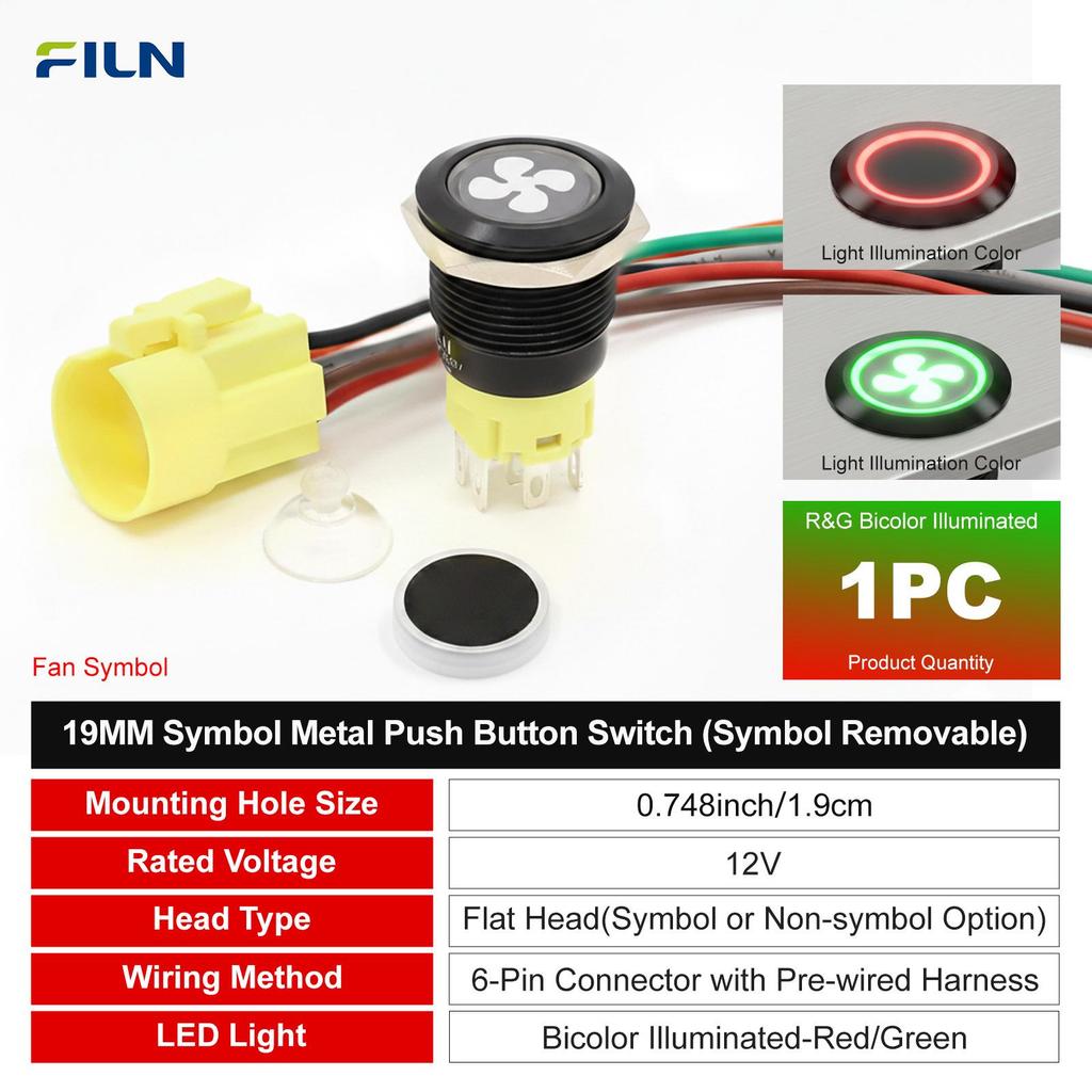 FILN 19mm Waterproof Metal Button Switch, 12V, LED Dual Color, Removable Symbol, Self-locking/Momentary