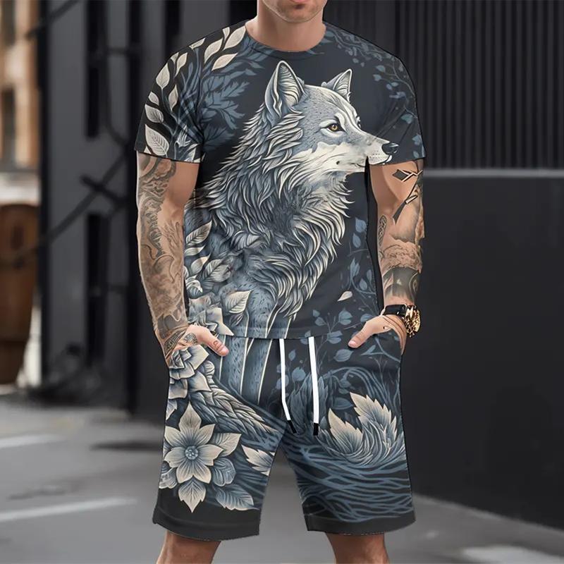 

Чоловічий повсякденний спортивний костюм з 3D-принтом Fierce Wolf, літній повсякденний дихаючий костюм 6XL