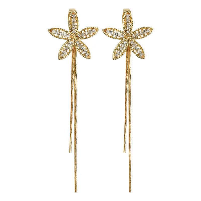 Accessori da Donna Zircone Colore Oro Orecchini Fiore a Cinque Petali da Donna Personalità Orecchino Lungo con Frange Gioielli da Matrimonio
