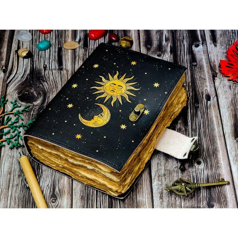 Kožený deník Slunce Měsíc, 200 stran papíru s trhanými okraji, Deník, Kožený zápisník, Ručně vyráběný deník, Vintage kniha pro muže a ženy