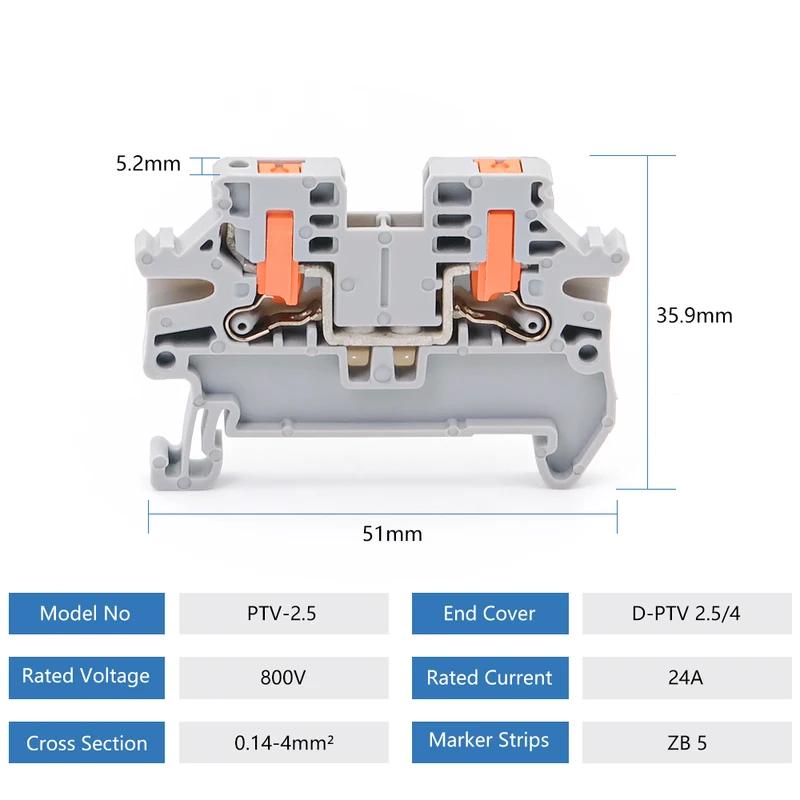 10Pcs DIN Rail Terminal Block PTV-2.5 Push-In Terminal Connector Spring Side-Entry 2.5mm² Cable Wiring Conductor PTV2.5