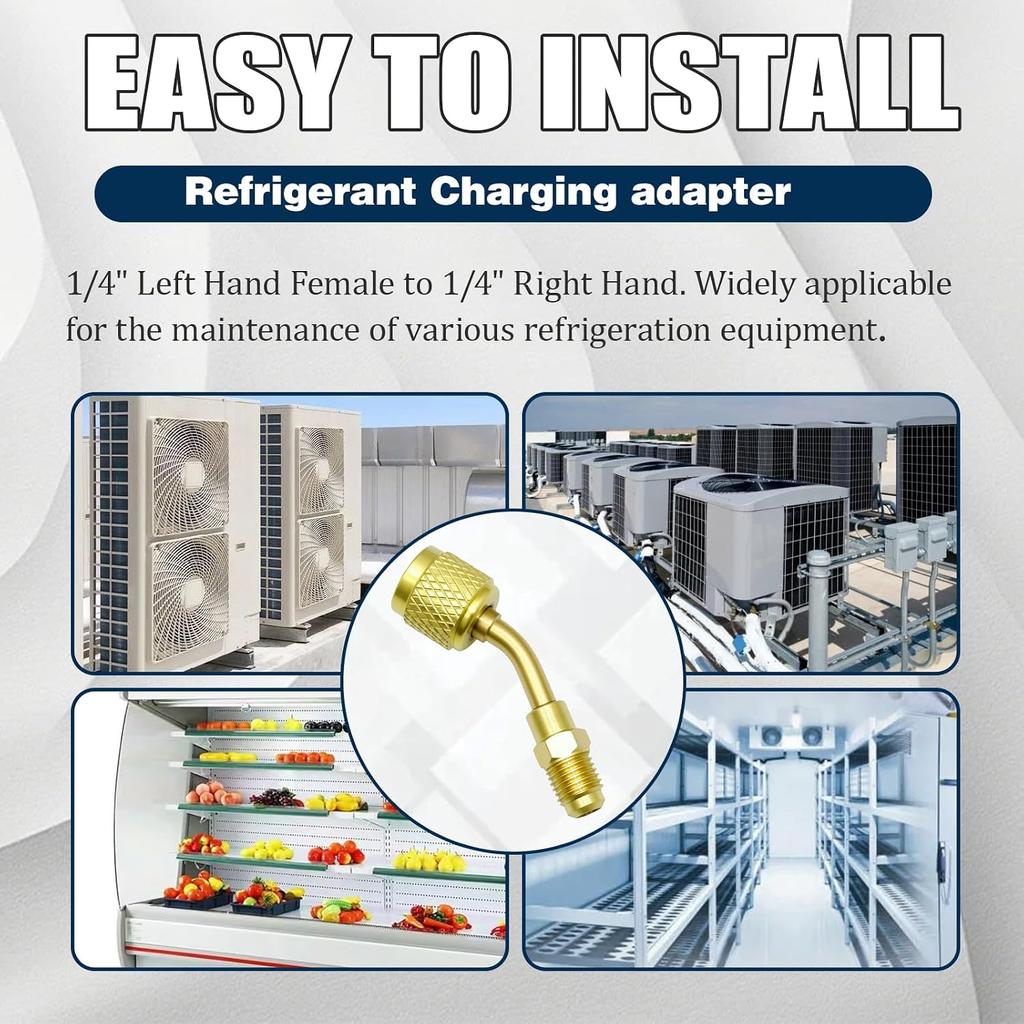 Brass 45° 3Pcs Refrigerant Charging Adapter Fit for R-32/R-454B A2L Tank | 1/4" Left Hand Female To 1/4" Right Hand Male
