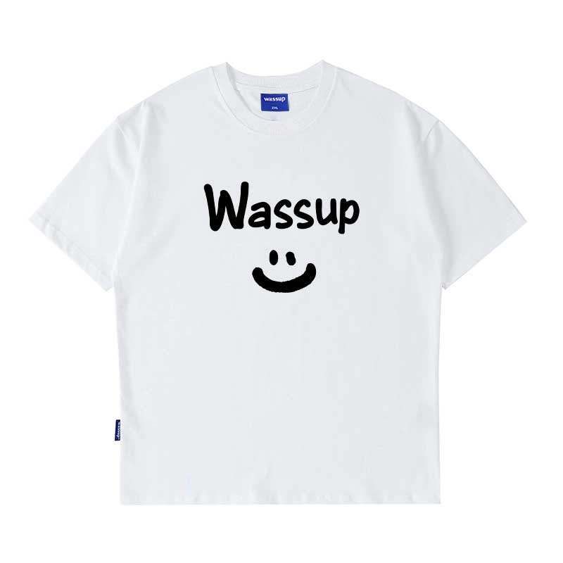 Wassup Trendy Smiley Letter Men and Women Same Type T-shirt Summer Loose All-Match Trendy Tee Couple round Neck Short Sleeve