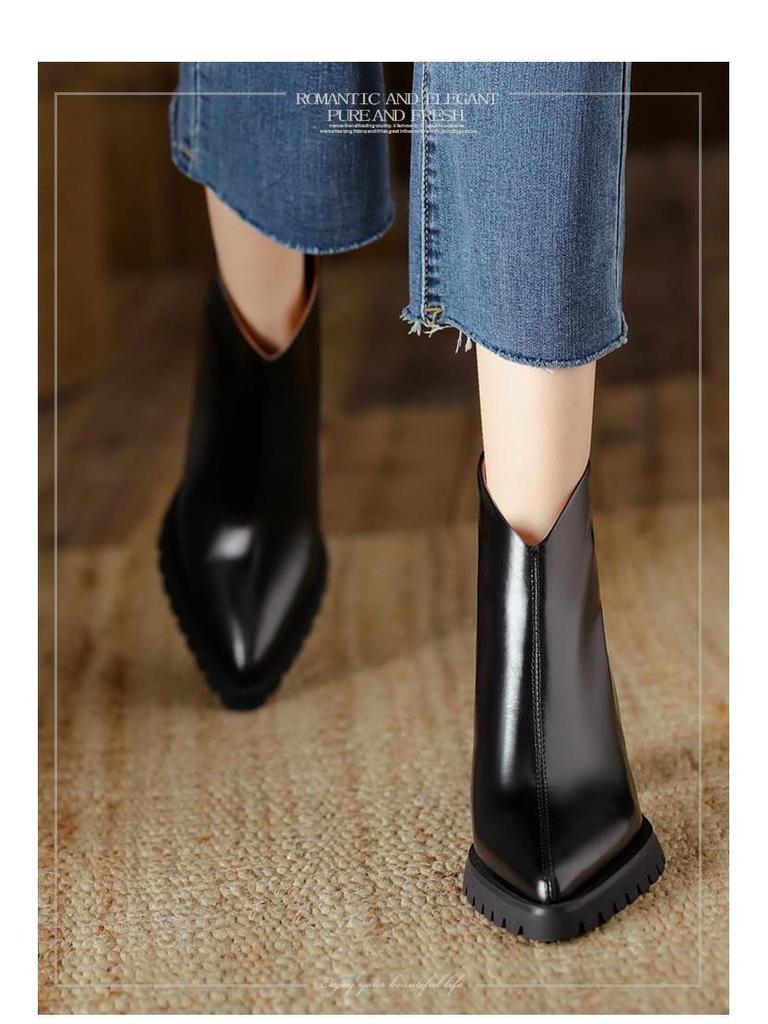 French Retro Pointed Toe Chunky Heel Ankle Boots for Women - Soft Leather, Thick Sole, Nude High Heel, Short Shaft, Autumn Style.