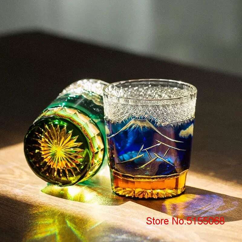Incisione a Mano Giappone Monte Fuji Edo Kiriko Bicchiere da Whisky Cristallo Ambra Calici da Vino Tumbler da Whisky Bicchiere per Distillati Sake Tazza da Acqua