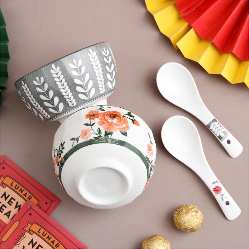 Chinese Style Printed Ceramic Bowl & Spoon Set