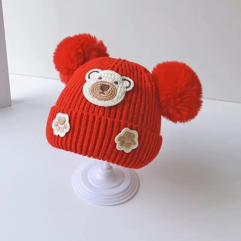 Baby Hat Winter Cute Cartoon Double Ball Wool Hat Boys and Girls Baby Ear Protector Knitted Hat Children's Pullover Hat