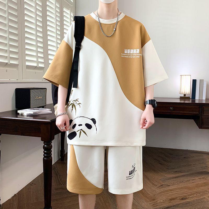 

Летний подростковый спортивный костюм для отдыха Мужской модный студенческий красивый комплект из двух предметов с короткими рукавами и свободными шортами M дубильная кора