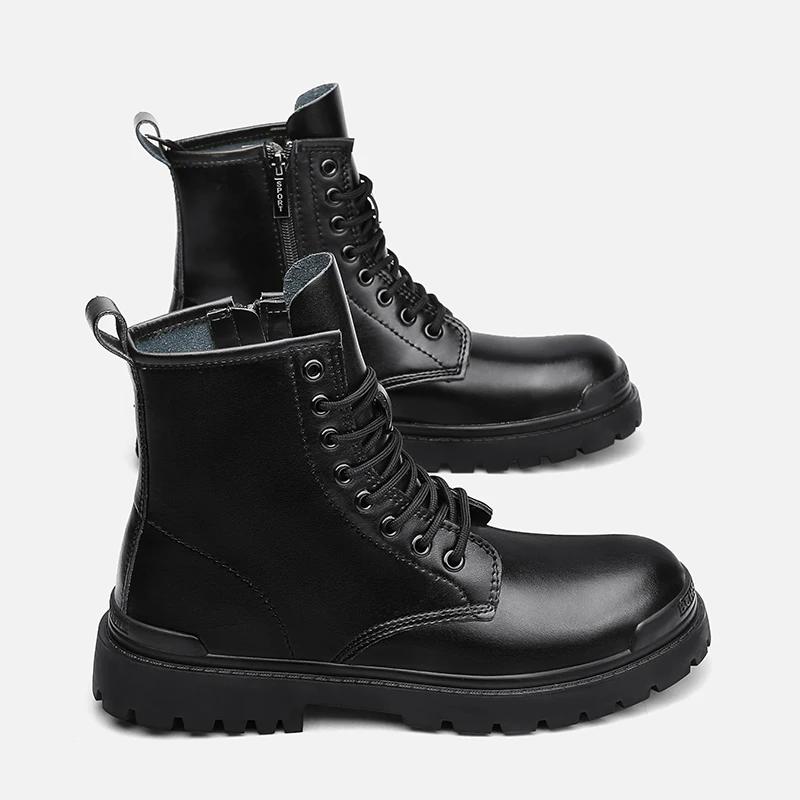 Fashion High Brand Mens Lace Up Motorcycle Boots Comfortable Ankle Boots Fashionable Male Side Zipper High Top Shoes Travel Biker Botas