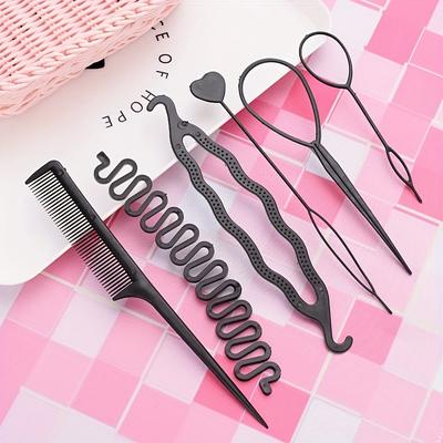 6 Stück Stilvolle Schwarze Kunststoff Haarwerkzeuge - Beinhaltet Rundbürste, Glätteisen und Kamm - Perfekt für Damenfrisuren, Ideales Geschenk für Ostern, Ramadan
