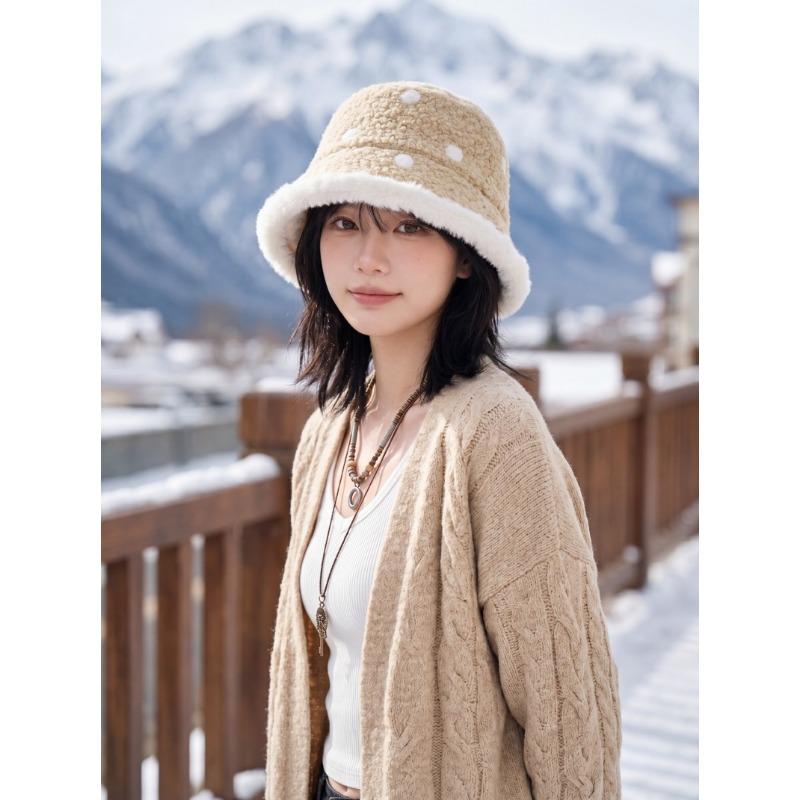 Women S Warm Fleece Knit Bucket Hat Polka Dot Korean Style Fashionable Hat