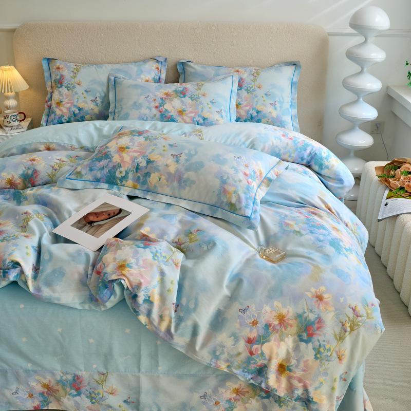 Fresh & Simple Pure Cotton Four-Piece Printed Dorm Set – Includes Three-Piece All-Cotton Bed Sheet, Bed Skirt, and Bedding Set.