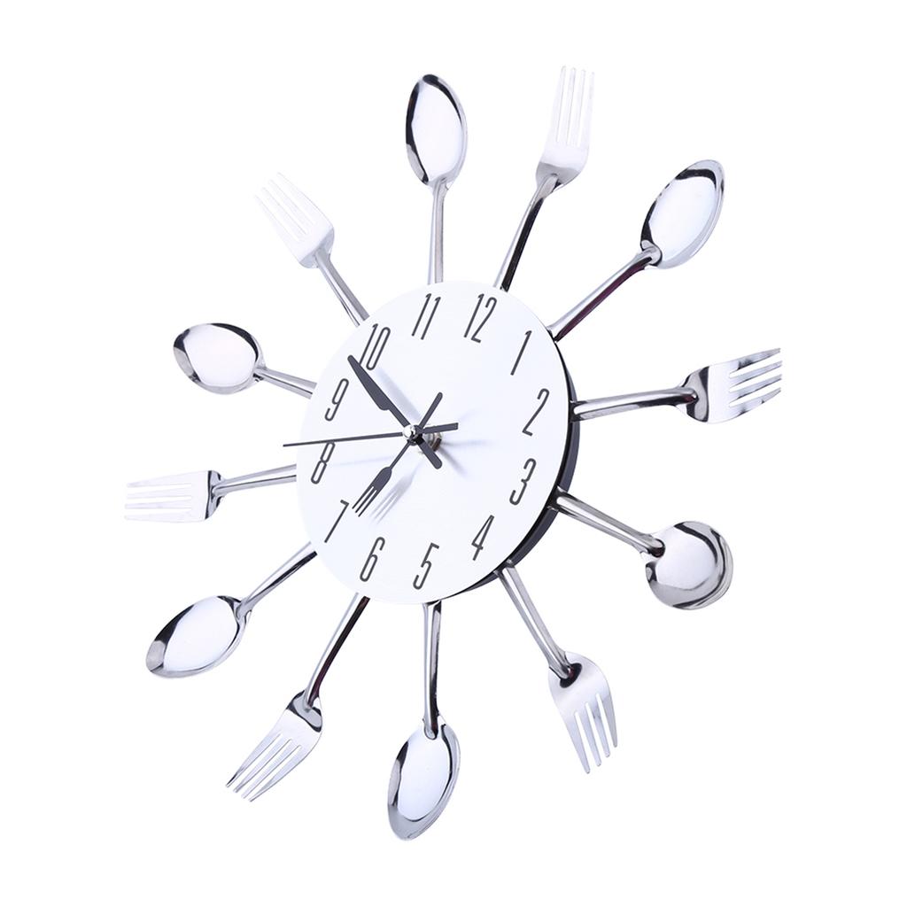 Large 3D Mirror Surface Silver Modern Design Cutlery Kitchen Utensil Spoon Fork Wall Clock DIY