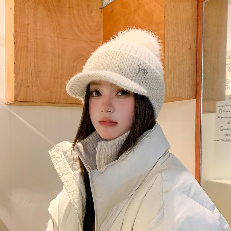 Winter New Duck Tongue Wool Hat Women's Thickened Warm Ear Protection Hairball Knitted Hat Cycling Cold Hat