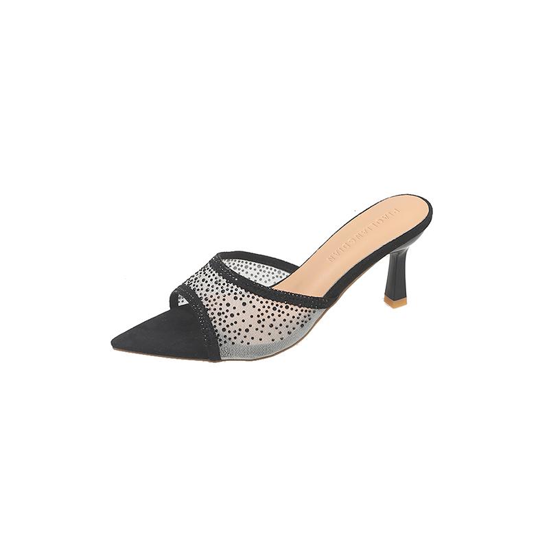 Fashion Summer Woman Thin Heel Rhinestone High Heel Slippers Fashion Open-toed Pointed End Slip-on Sexy Party High Heels Stiletto Sandal