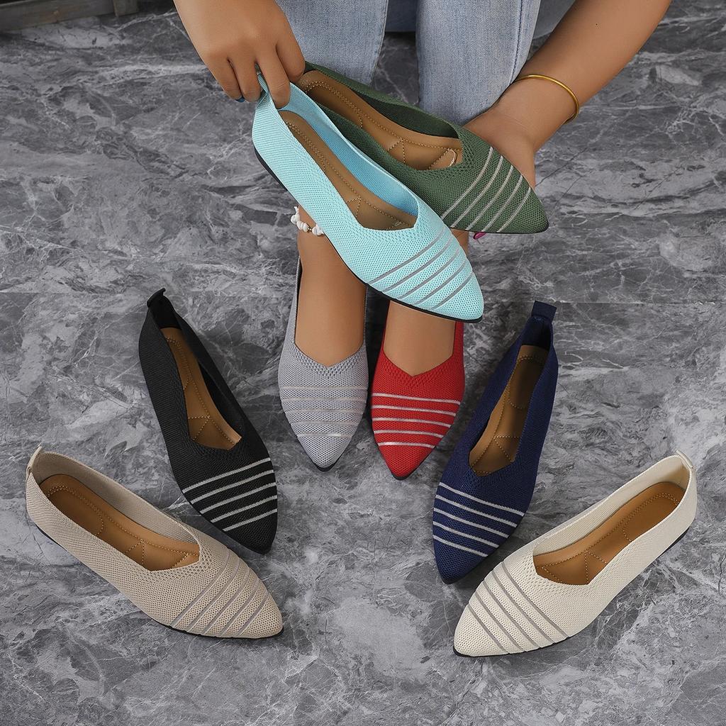 Fashion New Fashion Pointed Toe Flat Office Boat Solid Color Knitted Slip On Shoes Casual Ballet Flats Shoes Women Loafers Zapatos Mujer