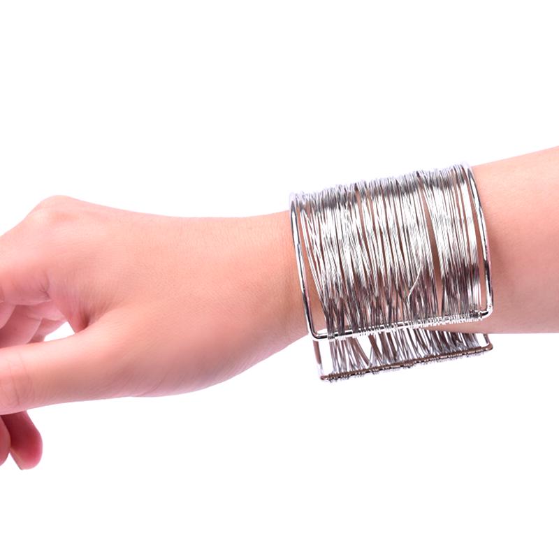 Women Multilayer Metal Wires Strings Open Bangle Wide Cuff Bracelet Jewelry
