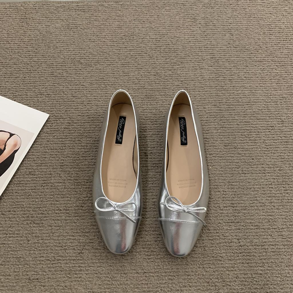 Fashion Bailamos Women Fashing Silver Flats Ballerina Shoes Round Toe Shallow Slip On Ladies Ballet Shoes Soft Loafer Zapatos Mujer 40
