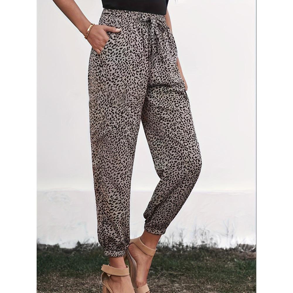 Women's High Waist Drawstring Jogger Pants Relaxed Fit Leopard Print Harem Trousers