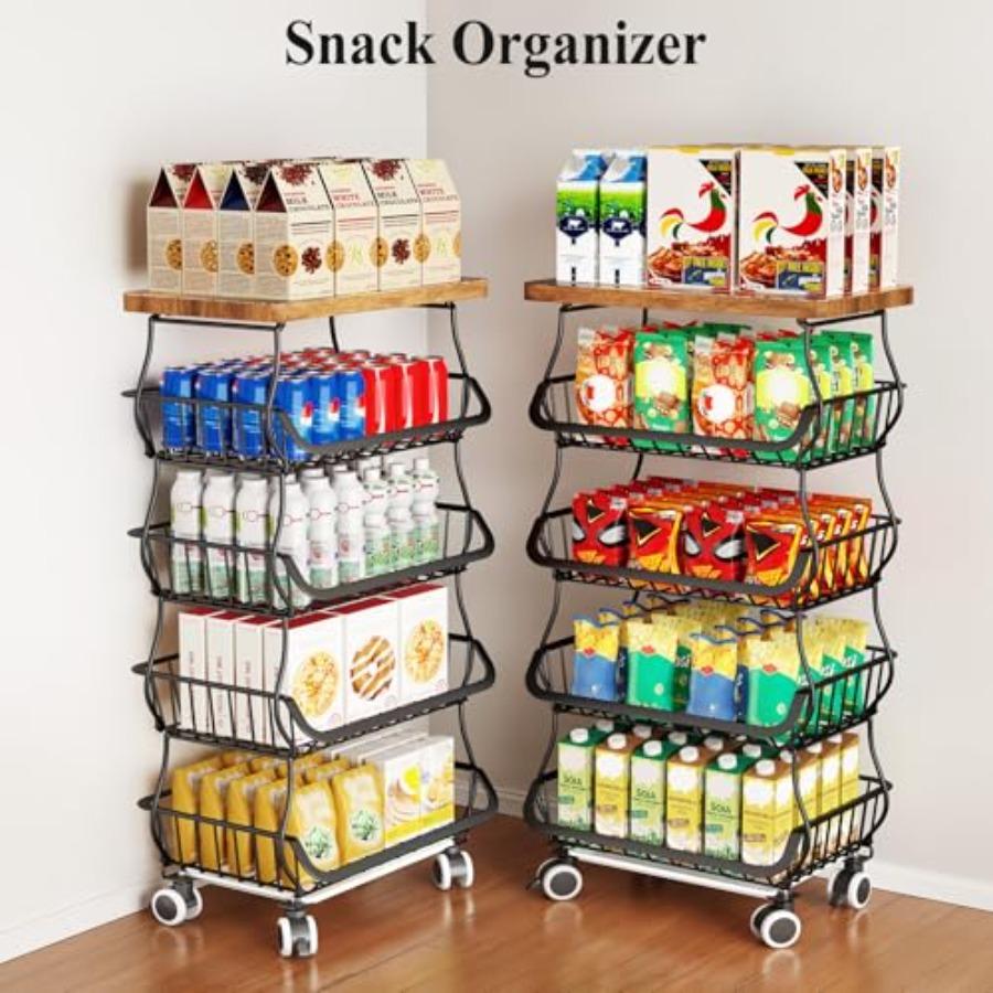 Fruit Basket Kitchen Pantry Organizers and Storage - Wooden Top Table Stackable Metal Wire Basket Stand Cart for Fruit Vegetabl