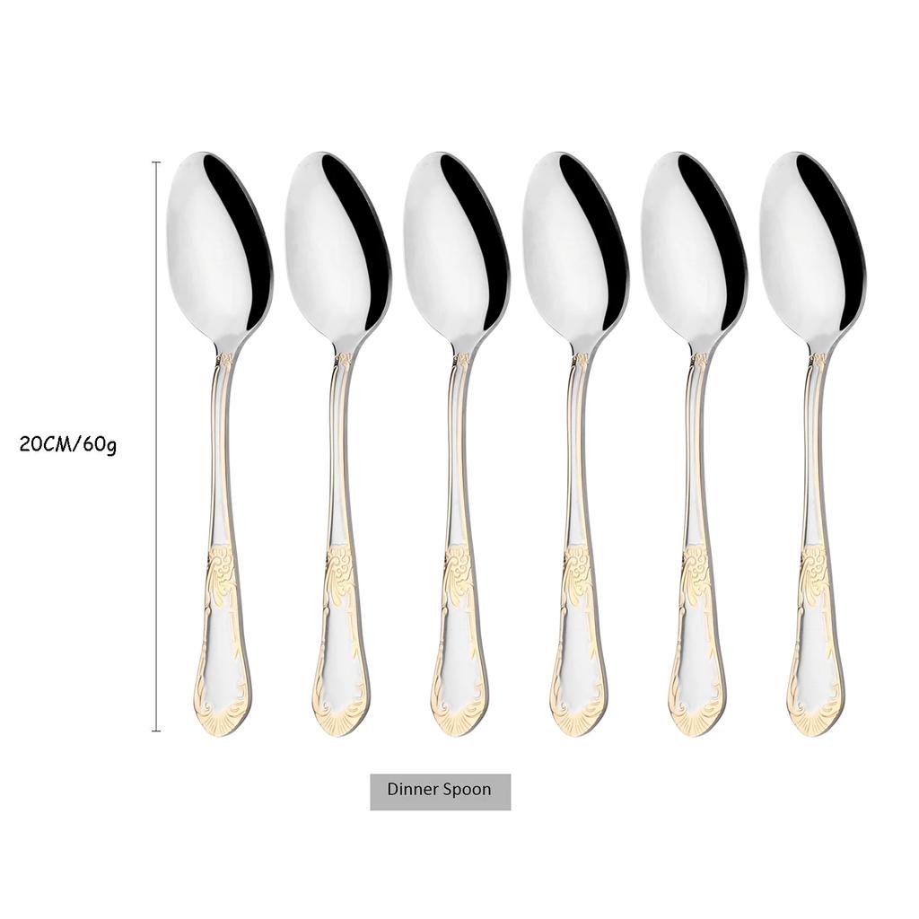 6People Vintage Gold Cutlery Set 18/10 Stainless Steel Tableware Set Knife Fork Tea Spoon Dinnerware Silverware Kitchen Flatware