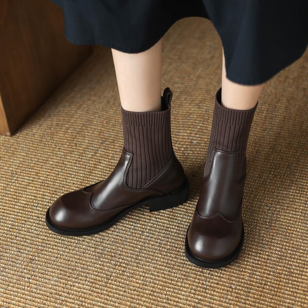 Krazing Pot Microfiber Autumn Winter Shoes Thick Med Heels Size 43 Chelsea Boots Back Knitwear Stretch Ankle Boots