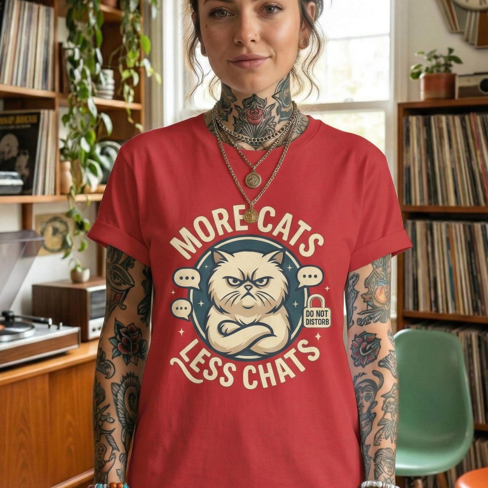 More Cats Less Chats Grumpy Cat Shirt, Sarcastic Introvert Tee, Cotton Cat Lover Gift 4XL