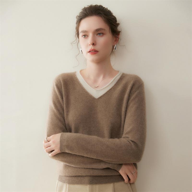 Autumn/Winter 2025 Two-Piece Color Block Cashmere Women's Slimming Knit Pullover