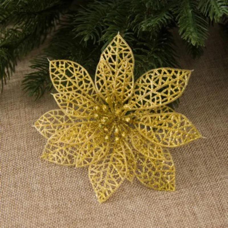 

Christmas Simulation Flowers Xmas Tree Decorative Wreath Ornaments Hollowed Out Flower Merry Christma Natal Navidad Party Decor 10pcs золотой