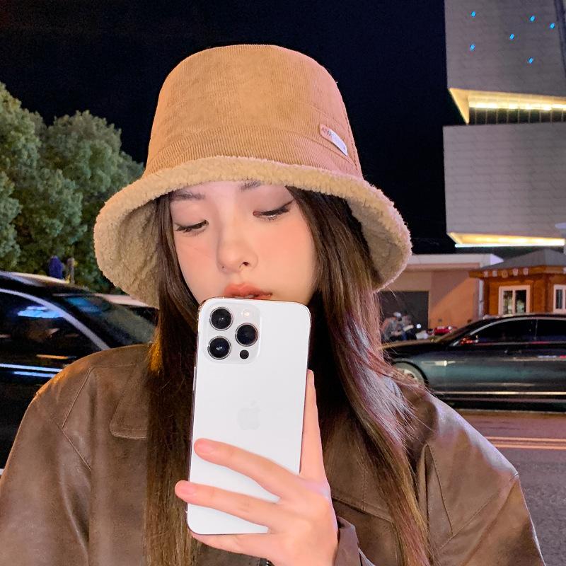 Winter Hat Women's Lamb Wool Bucket Hat Simple Versatile Velvet Thickened Warm Washbasin Hat