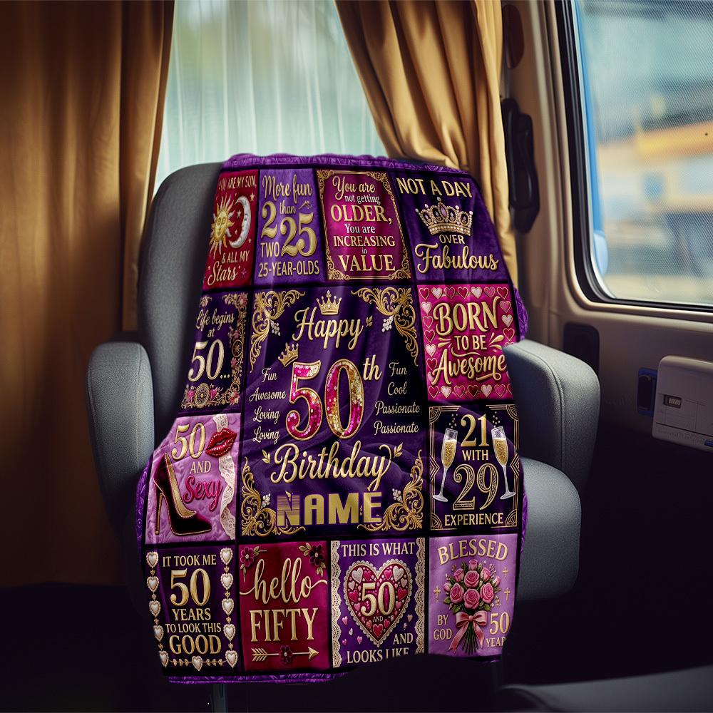 Happy 50Th Birthday Rv Customize Your Name Blanket Soft Cozy Lightweight For Travel Camping Picnic Sofa Bedroom Living Room Suitable As Gifts For
