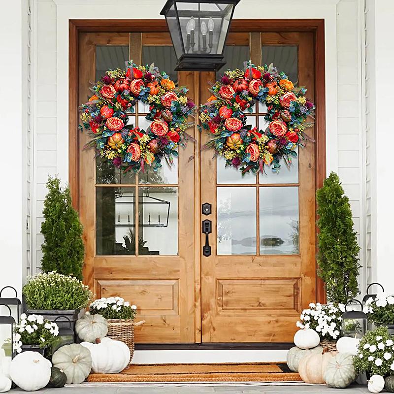 40CM Fall Peony & Pumpkin Wreath Artificial Autumn Garland for Front Door Window Halloween Festival Theme Farmhouse Party Decor
