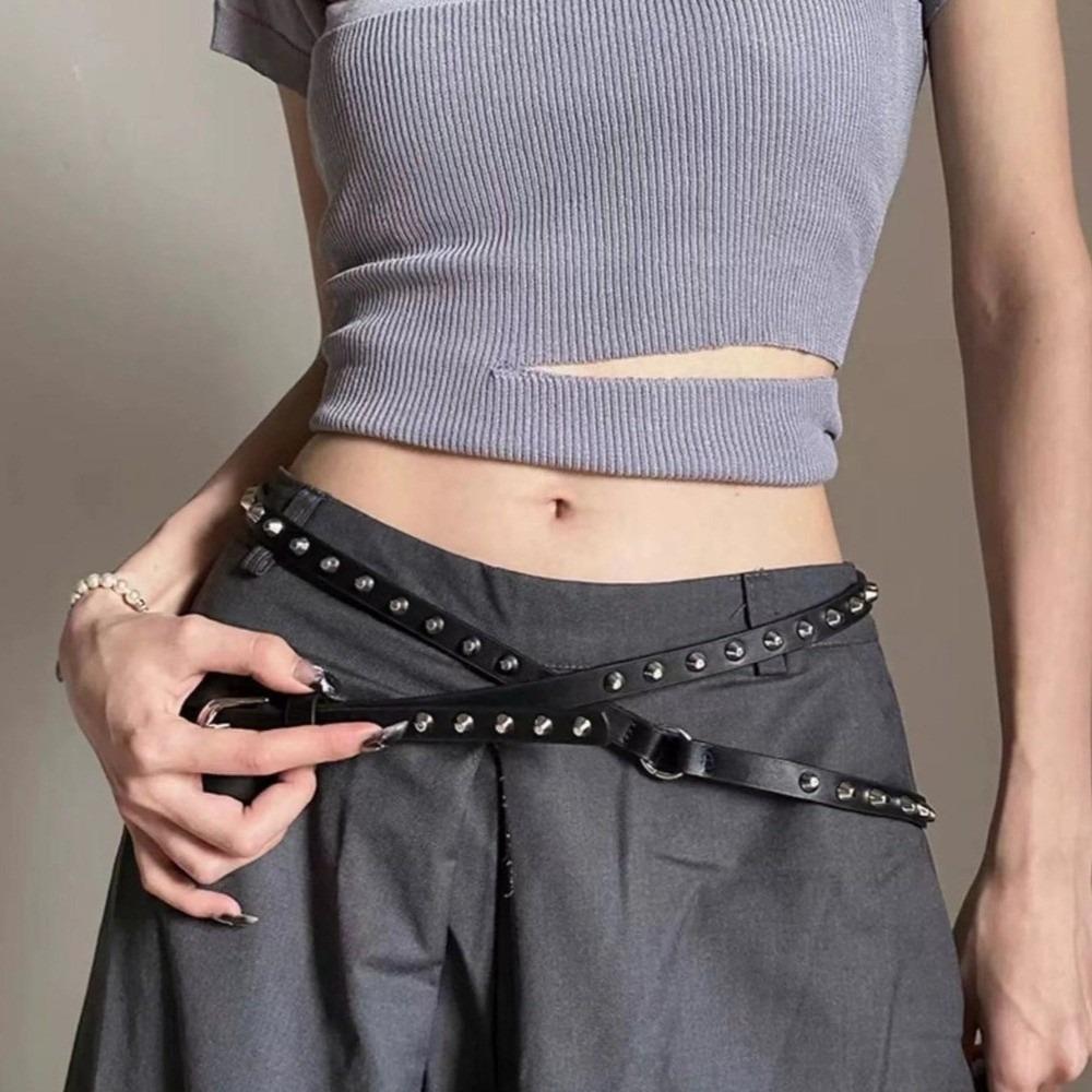 Double Loop Leather Waist Belt Extra Long Dress Jeans Belt Simple Women's Rivet Belt Streetwear