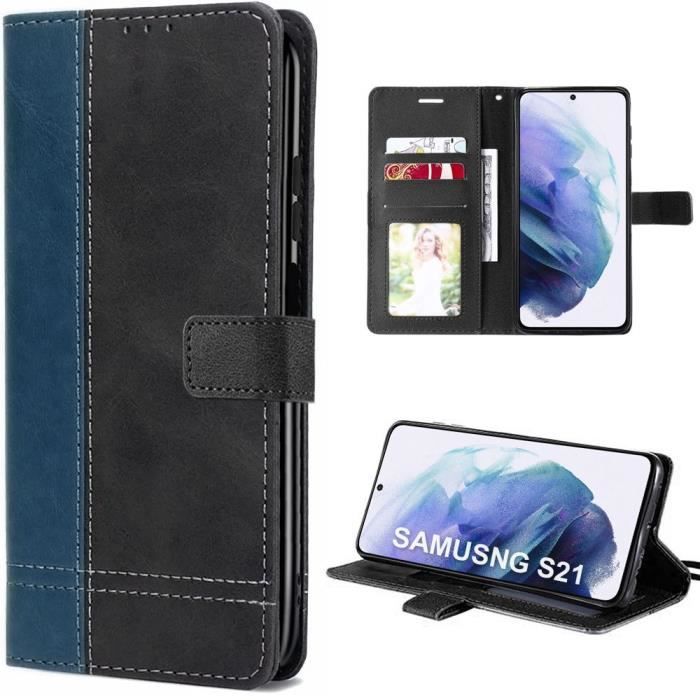 Coque pour Samsung Galaxy S21 - Rabat Cuir Synthétique Bicolore Bleu Marine-Noir