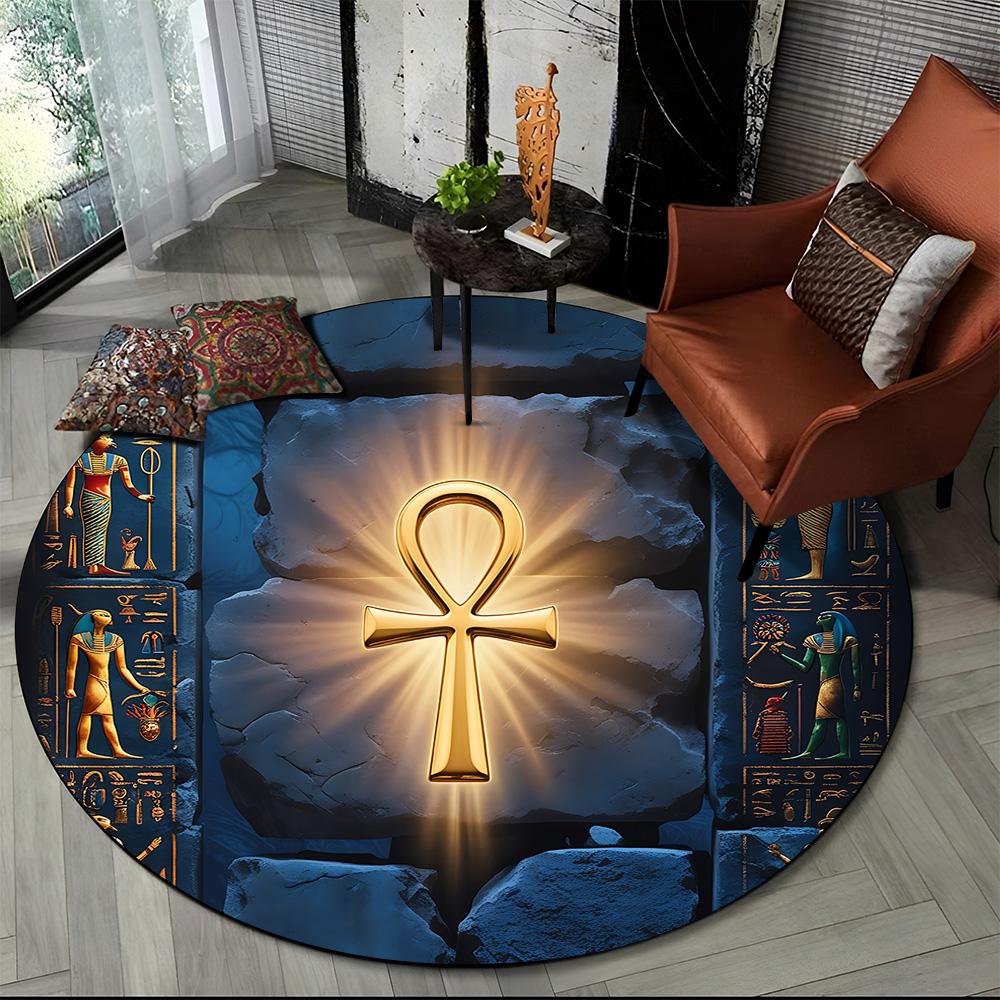 2025 New Ancient Egypt Hieroglyphic Mythology Wall Painting Glyph Round Carpet Rug for Bedroom Living Room Sofa,Decor Floor Mat